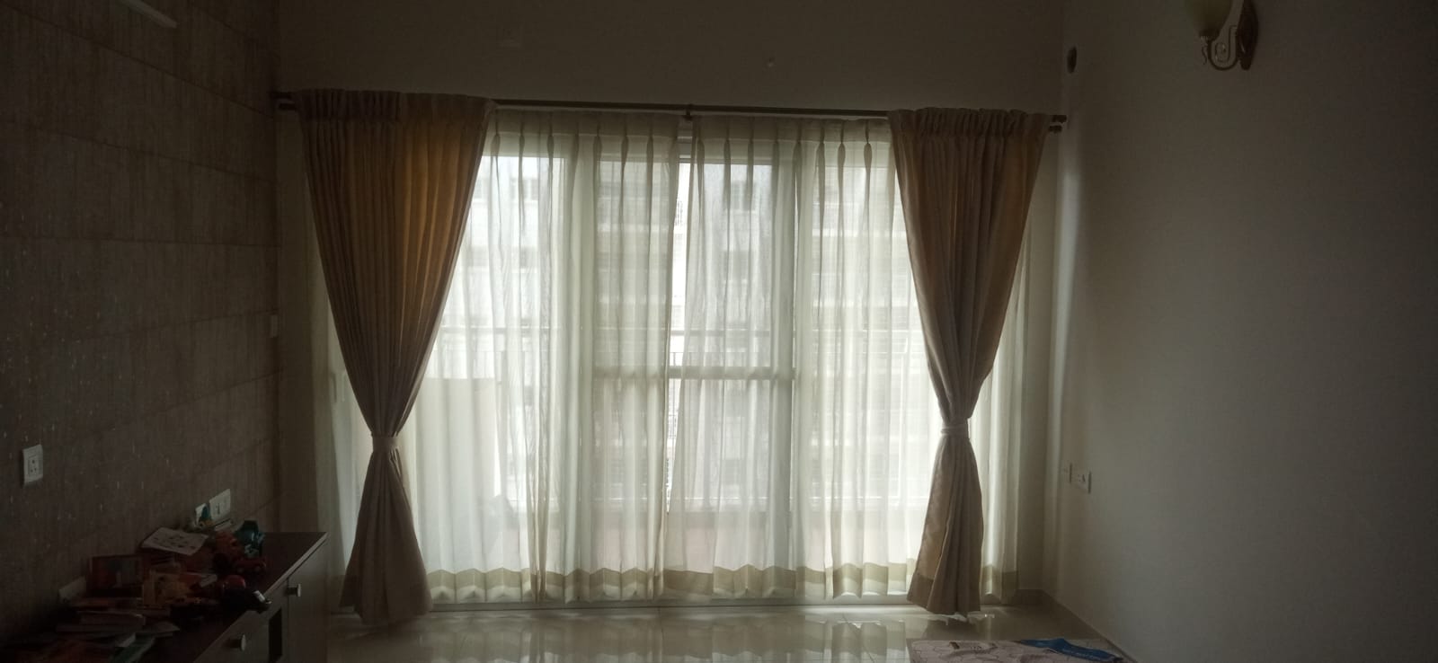 Custom curtains in a Bangalore villa living area — HappyLoom work sample